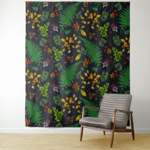 Forest berries, leaves and bugs on graphite black tapestry