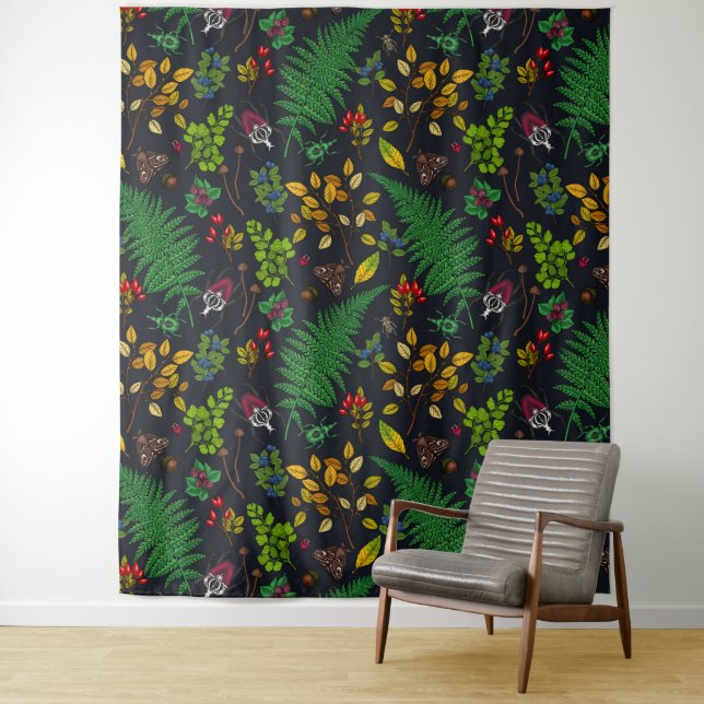 Forest berries, leaves and bugs on graphite black tapestry (In Situ)