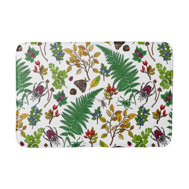 Forest berries, leaves and bugs on white bath mat (Front)
