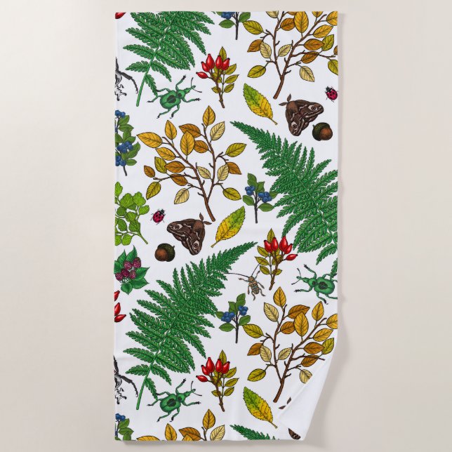 Forest berries, leaves and bugs on white beach towel (Front)