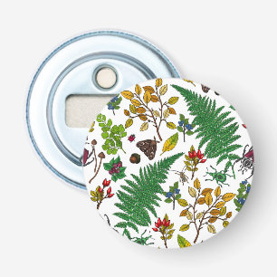 Forest berries, leaves and bugs on white bottle opener
