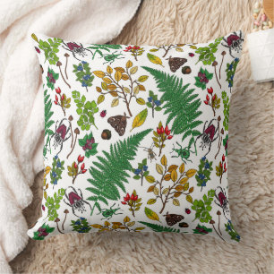 Forest berries, leaves and bugs on white cushion