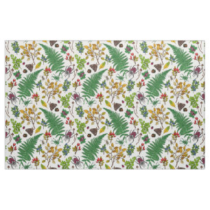 Forest berries, leaves and bugs on white fabric