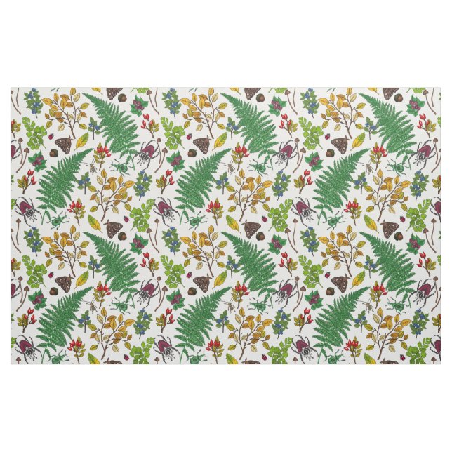Forest berries, leaves and bugs on white fabric (Fat Quarter)