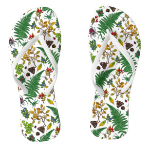 Forest berries, leaves and bugs on white flip flops