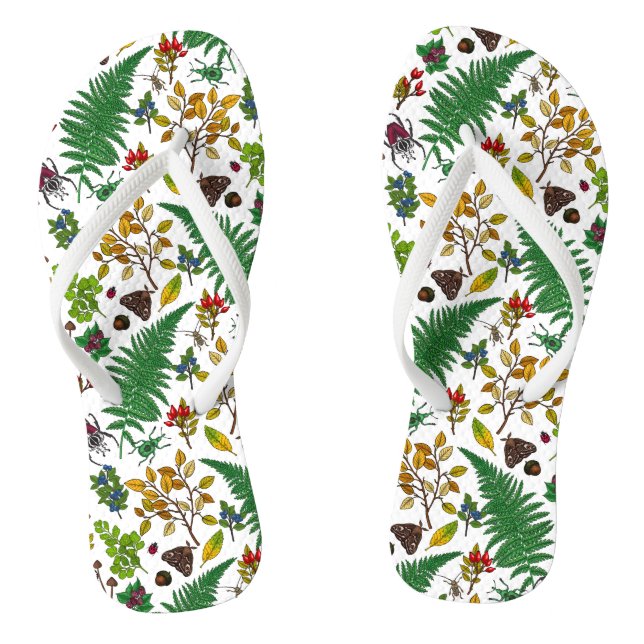 Forest berries, leaves and bugs on white flip flops (Footbed)
