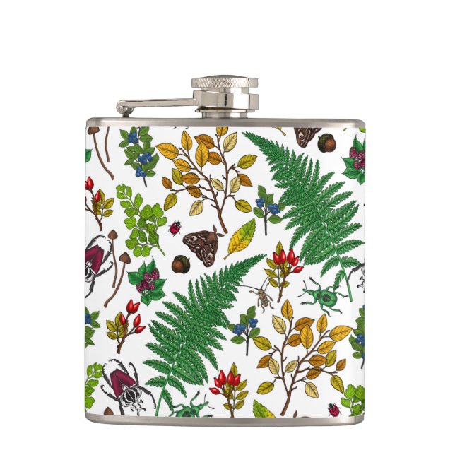 Forest berries, leaves and bugs on white hip flask (Front)