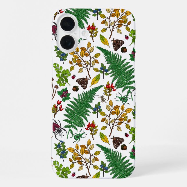 Forest berries, leaves and bugs on white iPhone case (Back)