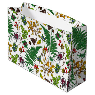 Forest berries, leaves and bugs on white large gift bag