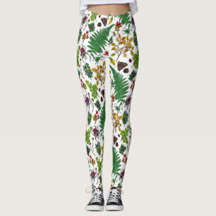 Forest berries, leaves and bugs on white leggings