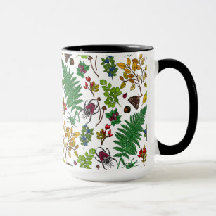 Forest berries, leaves and bugs on white mug