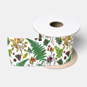 Forest berries, leaves and bugs on white satin ribbon