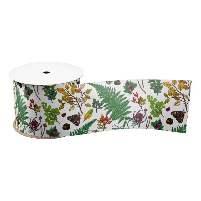 Forest berries, leaves and bugs on white satin ribbon (Spool)