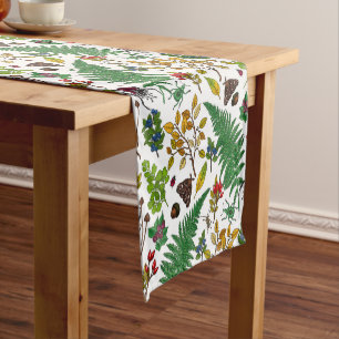 Forest berries, leaves and bugs on white short table runner