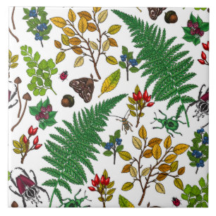 Forest berries, leaves and bugs on white tile