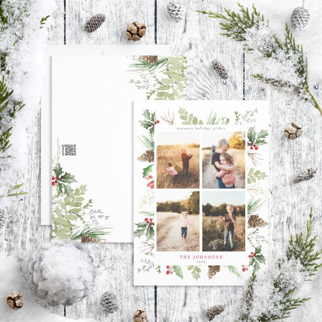 Forest Berry Pinecone Greenery 4 Photo Holiday Card (Creator Uploaded)