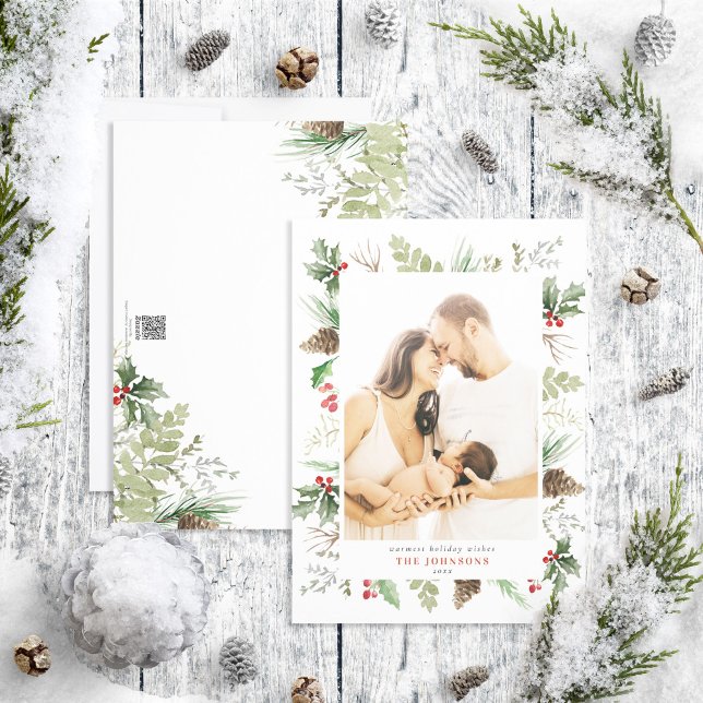 Forest Berry Pinecone Greenery Photo Holiday Card (Creator Uploaded)