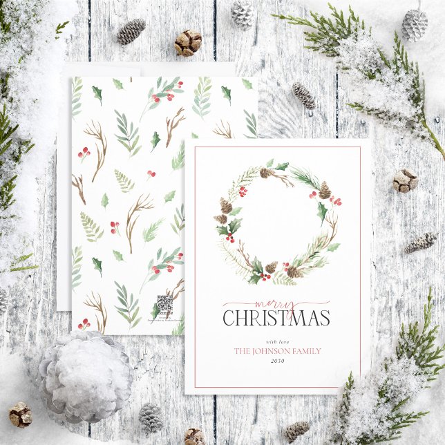 Forest Berry Pinecone Wreath Merry Christmas Holiday Card (Creator Uploaded)
