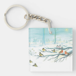 Forest birds in winter key ring