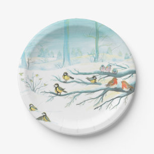 Forest birds in winter paper plate