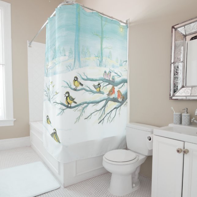 Forest birds in winter   shower curtain (In Situ)
