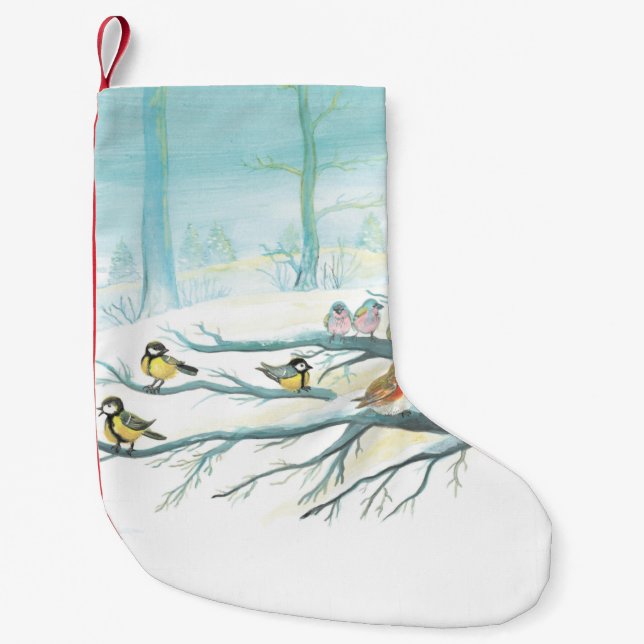 Forest birds in winter small christmas stocking (Front)