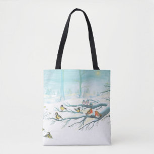 Forest birds in winter tote bag