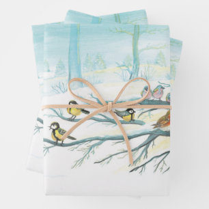 Forest birds in winter wrapping paper sheet