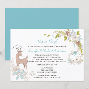 Forest Blue Boy Bear Deer Baby Shower By Mail Invitation