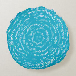 Forest Blue Reversible Grey Floral Garland Pattern Round Cushion