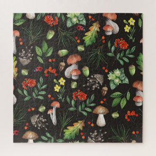 Forest Bounty: Watercolor Mushroom Pattern Jigsaw Puzzle