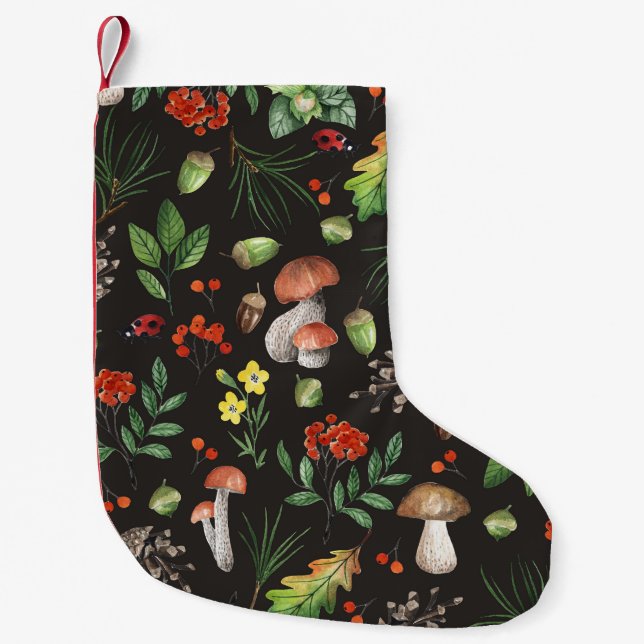 Forest Bounty: Watercolor Mushroom Pattern Small Christmas Stocking (Front)