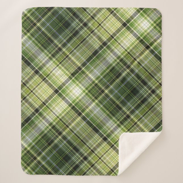 Forest Canopy Green and Cream Plaid Sherpa Blanket (Front)