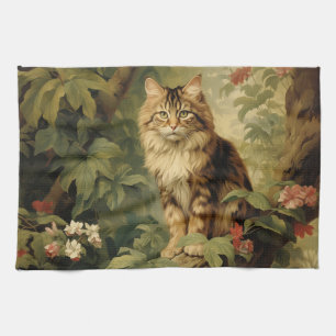 Forest Cat in Lush Foliage Tea Towel