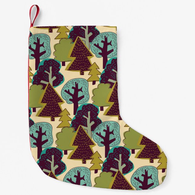 Forest Colour Doodle Trees Illustration Small Christmas Stocking (Front)