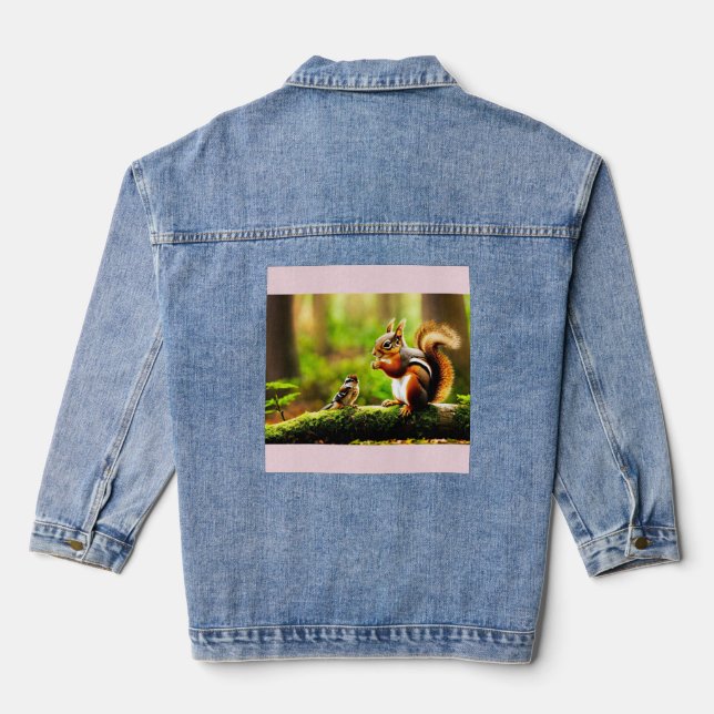 Forest Companions – Squirrel, Chipmunk & Bird Denim Jacket (Back)