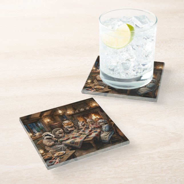 Forest Creatures Quilting Bee Glass Coaster (Angled)