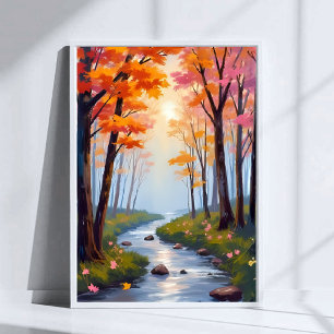 Forest Creek   Fall Foliage Watercolor Landscape Poster