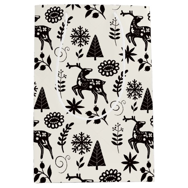 Forest Deer Folk Art Black and White Gift Bag (Front)