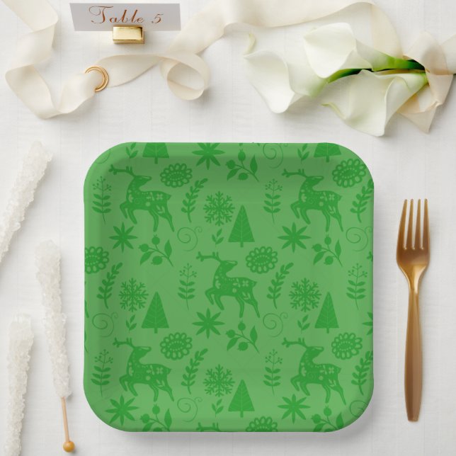 Forest Deer Folk Art Green Paper Plate (Wedding)