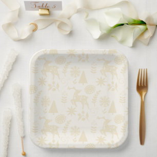 Forest Deer Folk Art Off White Paper Plate