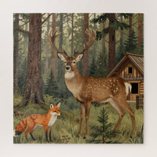 Forest Deer Fox Woodland Cabin Scene Jigsaw Puzzle
