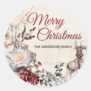 Forest Deer Merry Christmas with Name Classic Round Sticker