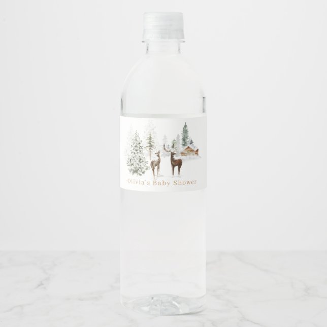 Forest deer winter baby shower water bottle label (Front)