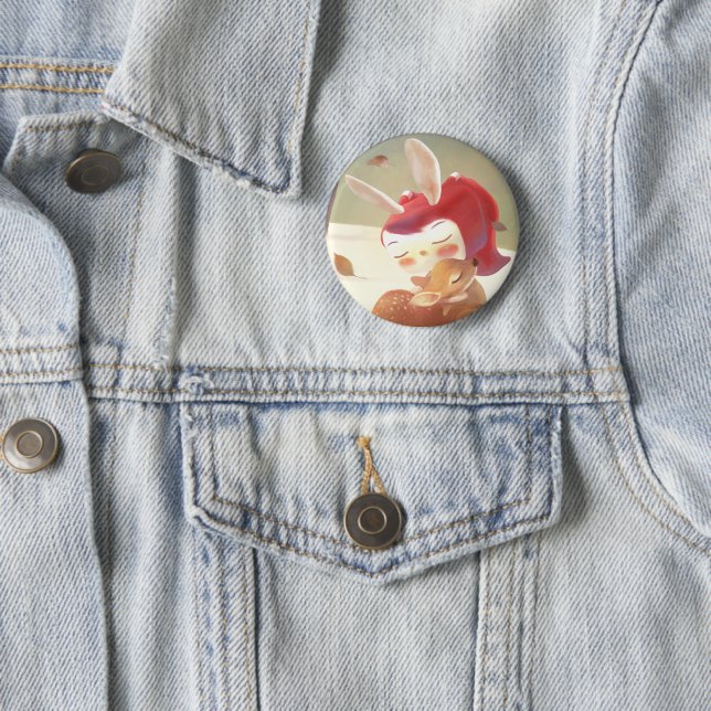 Forest Embrace: Bunny Girl Hugging Little Deer 6 Cm Round Badge (In Situ)