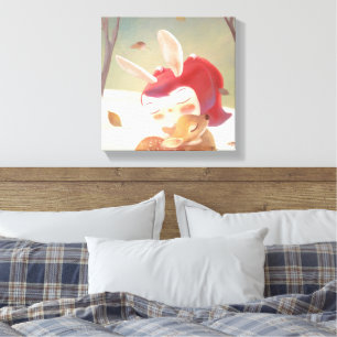 Forest Embrace: Bunny Girl Hugging Little Deer Canvas Print