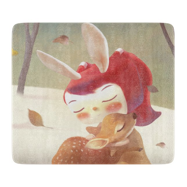 Forest Embrace: Bunny Girl Hugging Little Deer Cutting Board (Front)