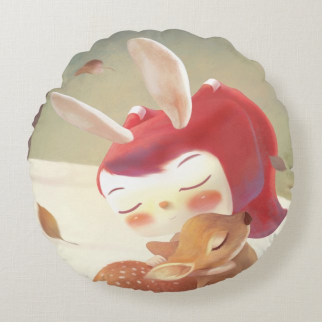 Forest Embrace: Bunny Girl Hugging Little Deer Round Cushion (Front)