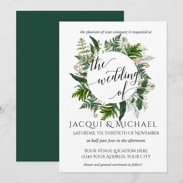 Forest Emerald Fern Foliage Leaf Wreath Wedding Invitation (Front/Back)