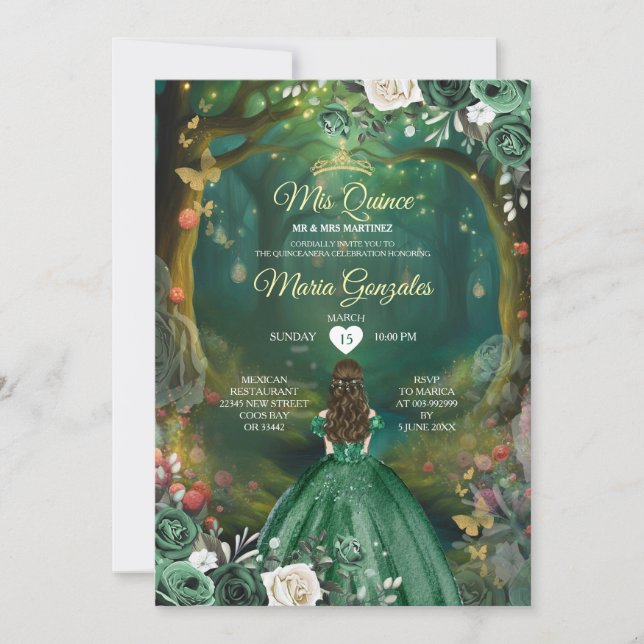 Forest Enchanted Emerald Green Quinceañera  Invitation (Front)